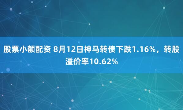 股票小额配资 8月12日神马转债下跌1.16%，转股溢价率10.62%